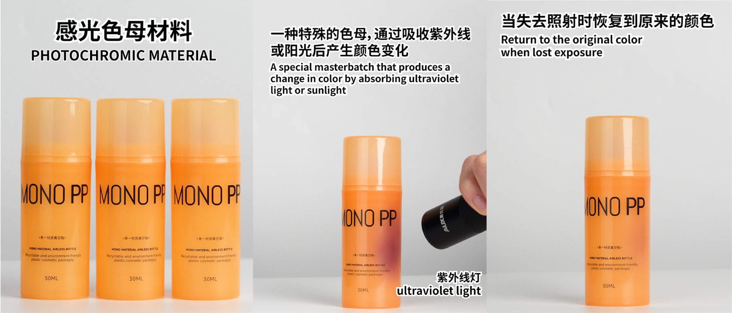 hotosensitive cosmetic materials change color under UV exposure and revert after removal of light.