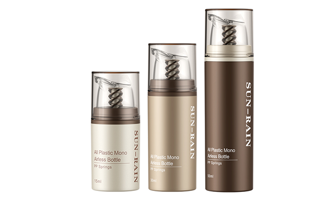 Mono PP airless bottles in 15ml, 30ml, and 50ml with round bottom and eco-friendly PP spring