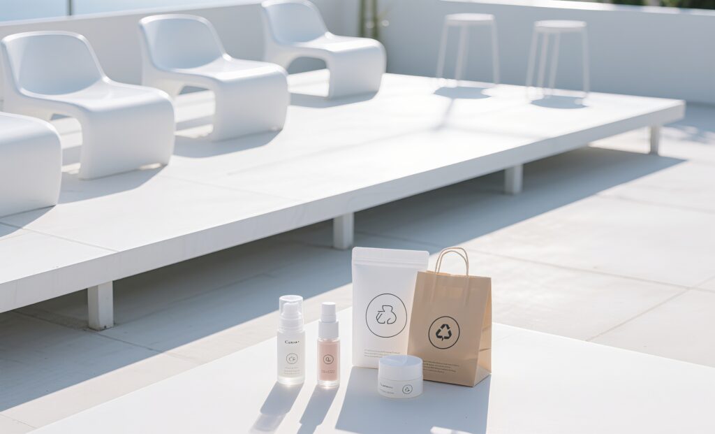 Cosmetic product displayed outdoors in natural setting