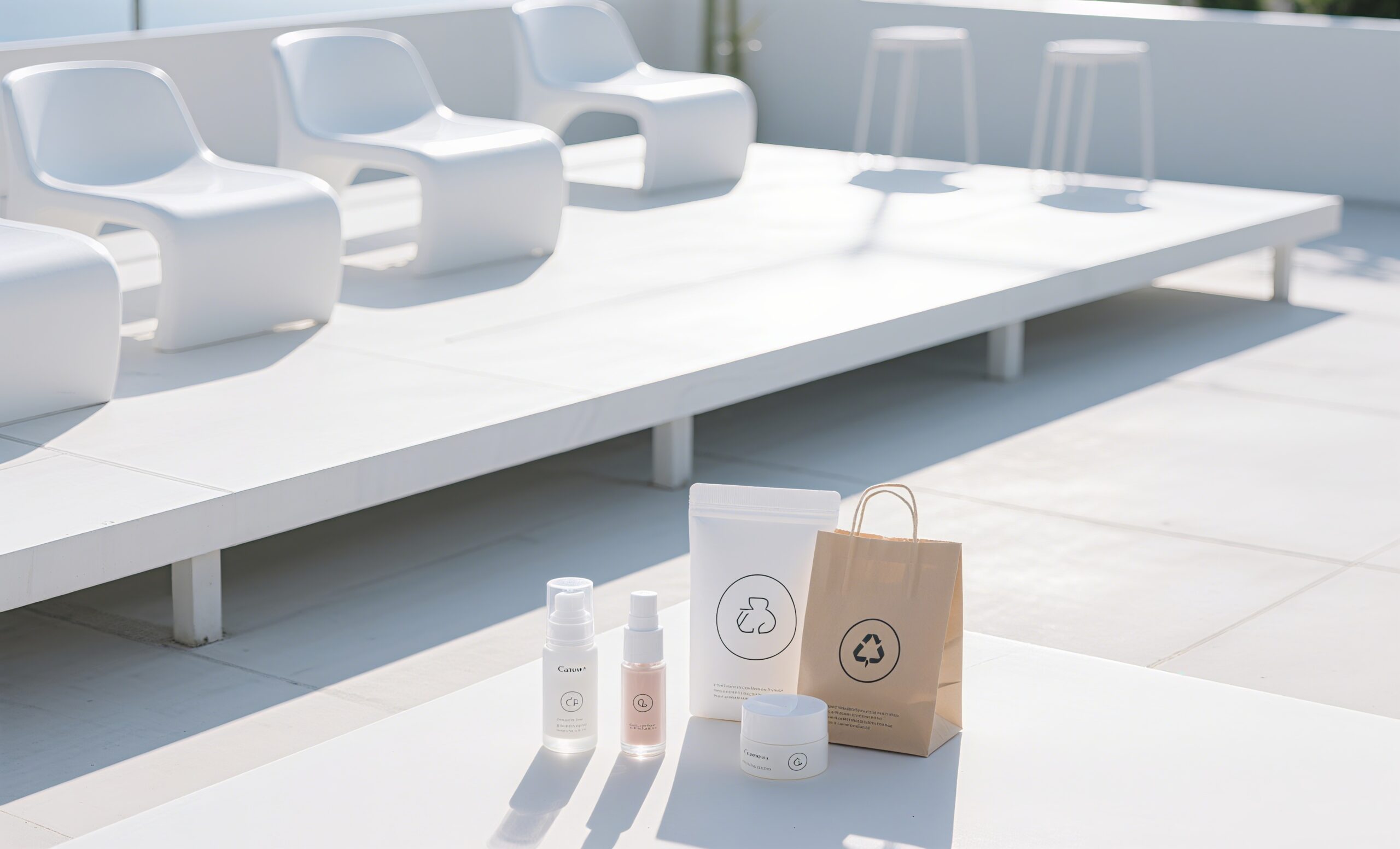 Cosmetic product displayed outdoors in natural setting