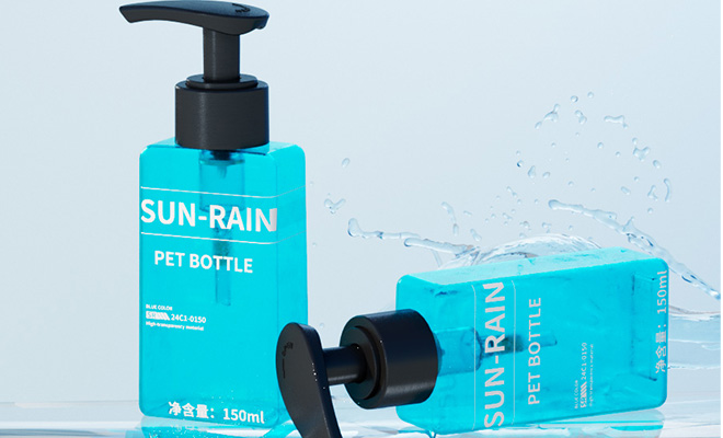 150ml square flat PET bottle with 24/410 lotion pump, 26g lightweight design